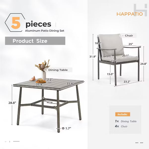 HAPPATIO Patio Outdoor Dining Set, Aluminum Patio Dining Set Includes 1 Outdoor Dining Table with Umbrella Hole and Dining Chairs for Lawn, Porch.