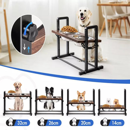 Mewoofun Pet Beds Raised Dog Bowl for Large Medium Size Dogs 4 Height Adjustable, Sturdy Wooden Raised Dog Bowls, Brown, 17.52"*10.63"*4.72"