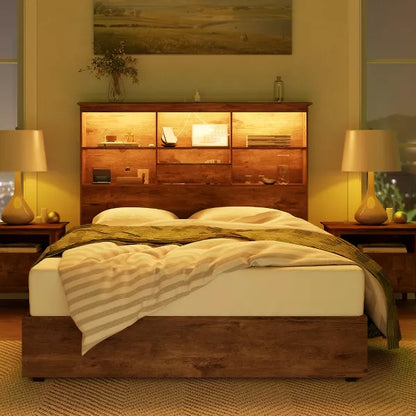 AMERLIFE Bed Frame with 51.2" Storage LED Bookcase Headboard, 4 Storage Drawers & Charging Station