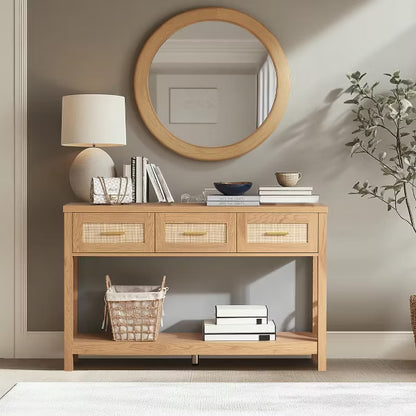 Resenkos Console Desk Table, Console Table, Entryway Table, Side Table, Display Table,Console Table with Rattan 3 Drawers, 2 Tier Long Behind Couch