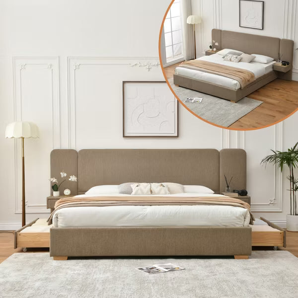 Upholstered Platform Bed with Integrated Nightstands 2 Spacious Storage Drawers,Carbon Steel Frame,No Box Spring Needed,Easy Assembly