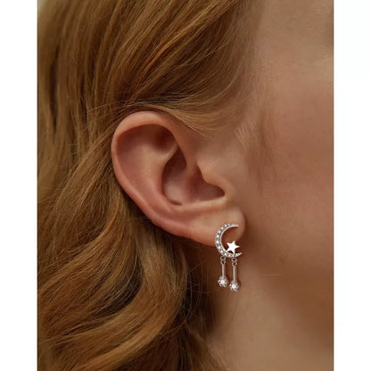 Molenia Moon Star Earrings Studs, 925 Sterling Silver Small Crescent Moon Studs Star Dangle Earrings Tiny Drop Tassel Dainty Jewelry Gifts for Women
