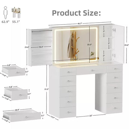 PAKASEPT Vanity with Lighted Mirror, Vanity Desk with Visible Glass Tabletop, 11 Drawers, Hidden Sliding Shelves and Charging Station, White
