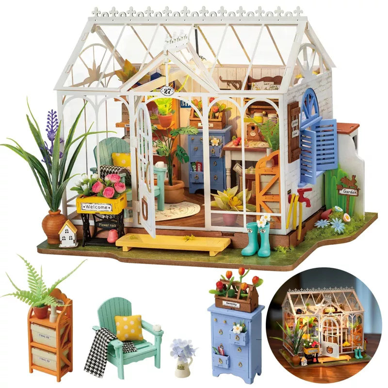 ROBOTIME Dreamy Garden House DIY Miniature House Kit Christmas Birthday Gifts for Boys & Girls, Multicolored, 9.6"*7.5"*7.5"