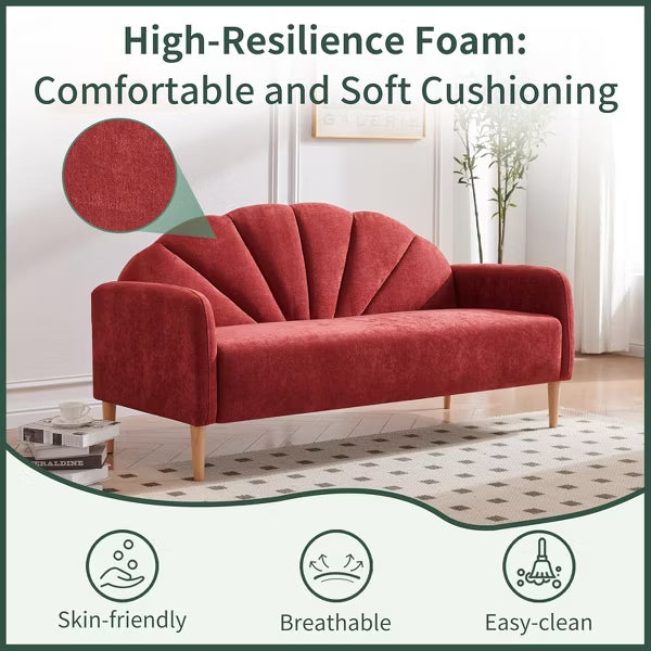 Mid Century Modern 3-Seater Shell Back Sofa - Linen Fabric with Wooden Legs, 6 Colors, Easy Quick Assembly