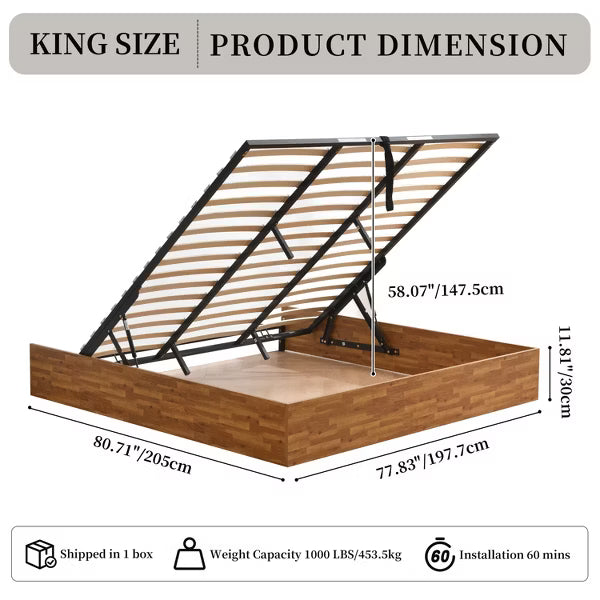 King Size Lift Up Storage Platform Bed Frame - Rustic Off White No Headboard, No Box Spring Needed, Easy Assembly