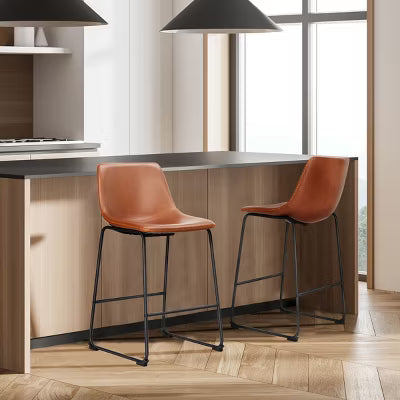 SEVOBAL Counter Height Bar Stools Set of 2 Modern Faux Leather Barstools with Back Island Stools Countertop Bar Chairs, Brown, 18.5"*20.8"*36.2"