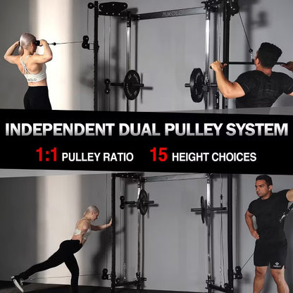 ER KANG Folding Squat Rack, Wall Mounted Power Rack with Cable Crossover Machine&LAT Pull Down, Functional Trainer with 5 Function Modes