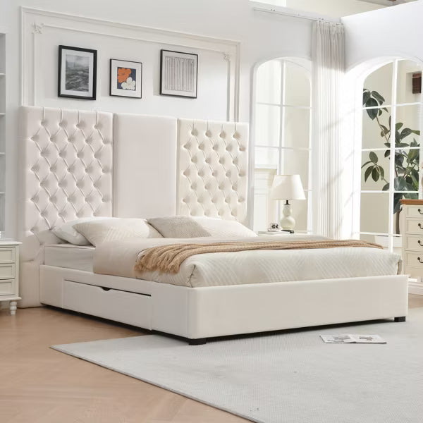 Platform Bed Frame with Storage Drawers Velvet Upholstered 63" Tall Button Tufted Headboard,Sprung Wooden Slats,No Box Spring Needed,Easy Assembly
