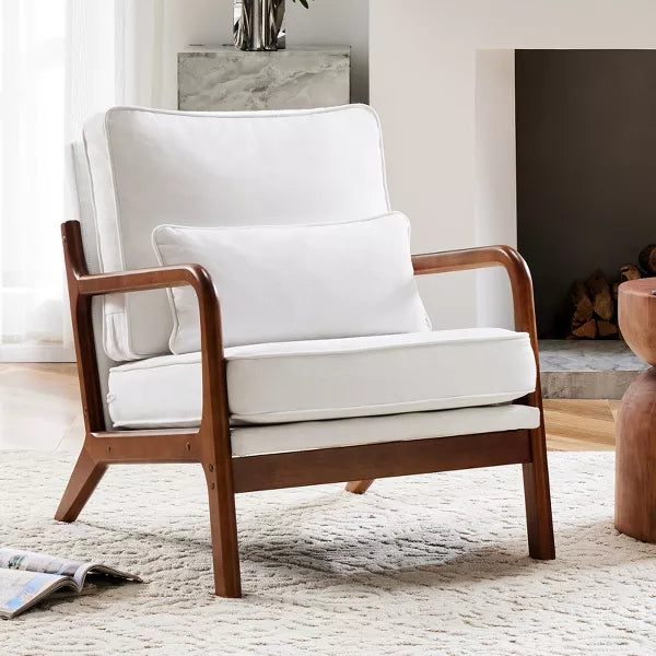 Dexmalle Modern Accent Chair Leisure Armchair with Rubber Wood Frame & Lumbar Pillow