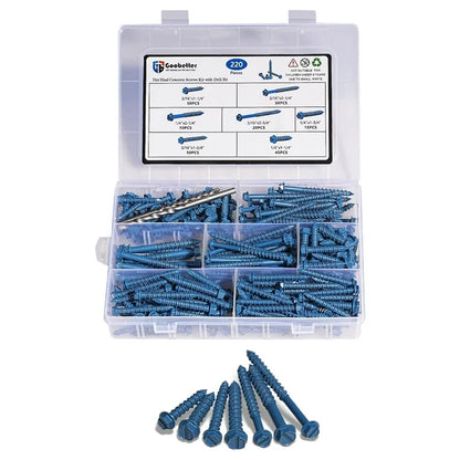 Goobetter 220PCS Concrete Screw Kit w/2 Drill Bits, Hex Head Masonry Screws Assortment, Carbon Steel for Brick/Wall