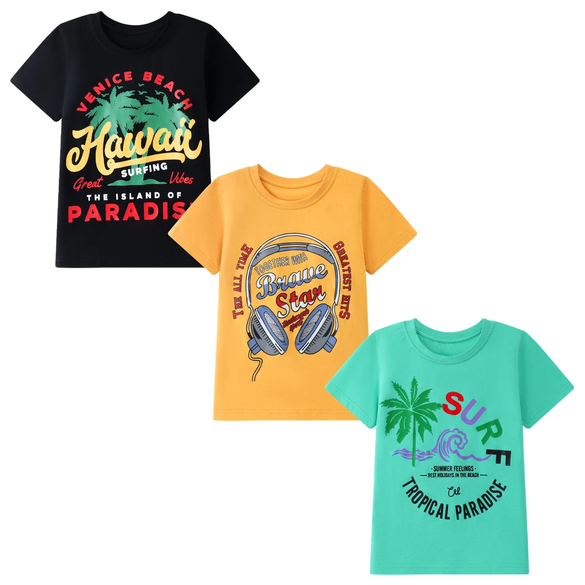 HILEELANG Little Boy Short Sleeve Tees Summer Easter Black Green Yellow Summer Vibes T-Shirts Cotton Tops Shirts 3 Packs Size 6