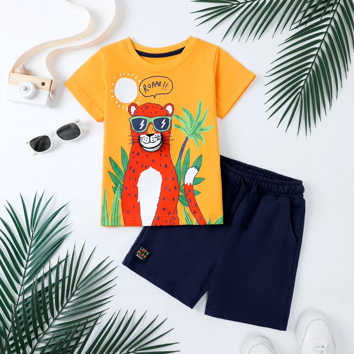 HILEELANG Toddler Boy Summer Short Clothes Sets Outfits Easter Cotton Yellow Leopard Tee Shirts Pocket Adjustable Knite Shorts Playwear Sets 2T