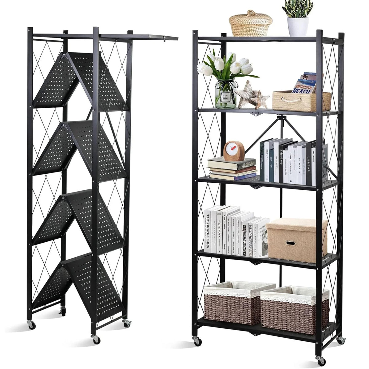 HYEASTR 63.8 Inch Folding Bookshelf, 5 Tier Metal Bookcase and Bookshelves, Tall Shelves for Living Room Office Bedroom, Heavy Duty Book Shelve Free Standing Open