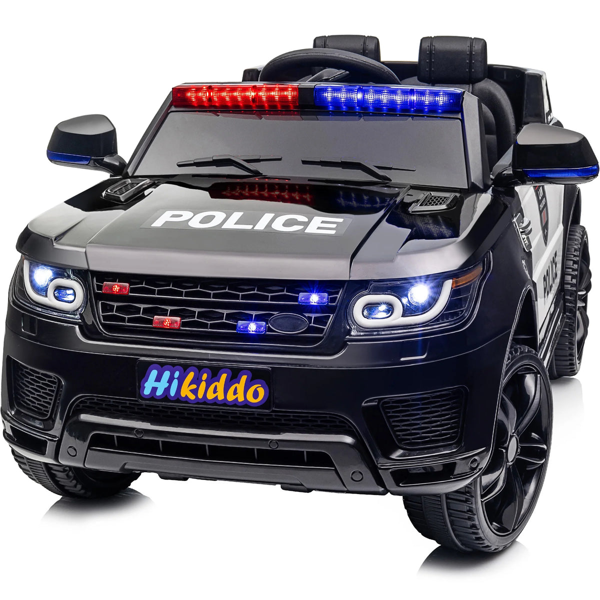 Hikiddo Electric Police Car for Kids, 24 Volt Kids Ride on Toys w/ 400W Motors, Megaphone, Remote, Bluetooth - Black