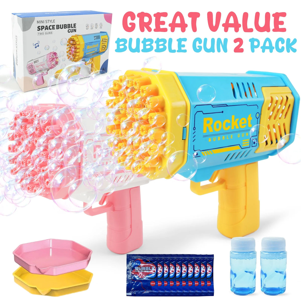JUGAAD LIFE 2 Pack Bubble Machine for Kids, Bubble Gun 40 Holes, Electric Bubble Blower Maker Toys for Boys Girls Toddlers 3 4 5 6 Years Old, Gift for Indoor Outdoor Wedding Birthday Party-Pink&Blue