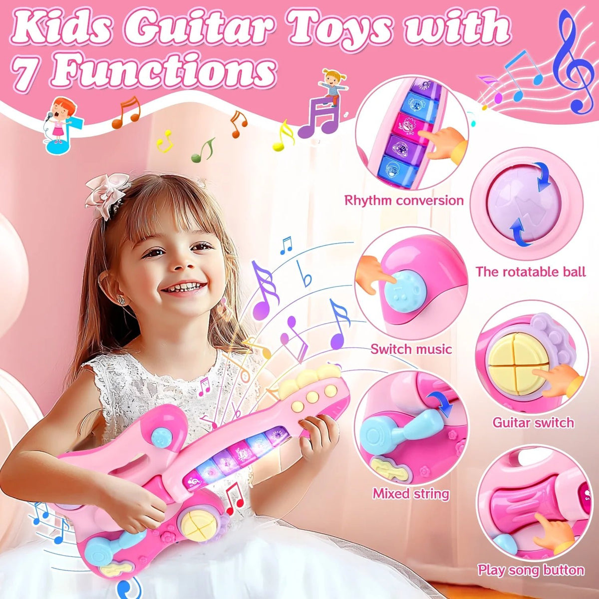 JUGAAD LIFE Toy Electric Guitar for Girls Boys, Kids Guitar with Music & Colorful Light, Musical Instrument Toys for Toddlers 2 3 4 5 6 years Old - Pink