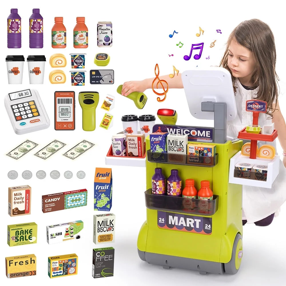 JoyStone 48PCS Pretend Play Cash Register Toy with Light and Sound, Pretend Calculator, Scanners, Credit Cards and Mobile Cart, Preschool Gifts for Toddlers for Boys and Girls, Green