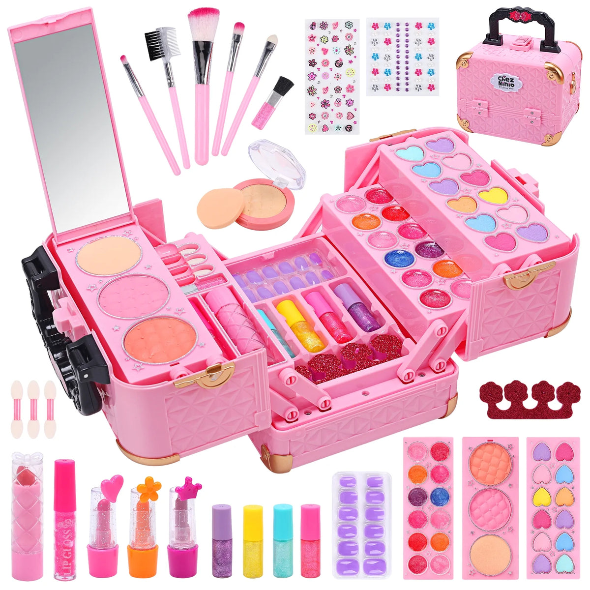 JoyStone 62Pcs Kids Washable Makeup Kit Makeup Kit, Pretend Beauty Vanity Set with Cosmetic Case Birthday Toys for Girls 3-12 Year Old Kids Toddlers