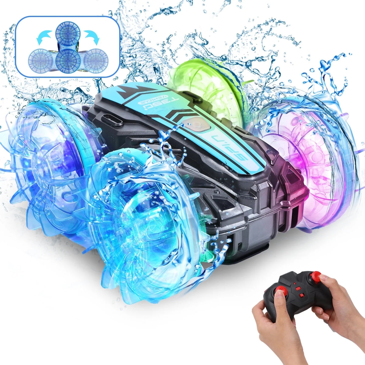 JoyStone Amphibious Remote Control Car Boat with LED Lights, 4WD RC Stunt Car Toy for Boys Girls, Water Beach Pool Toys for Kids Ages 8-12, Blue