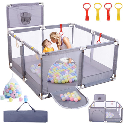 JoyStone Baby Playpen with 30 Ocean Ball, 50 x 50 inch Baby Playard, Baby Fence with Soft Breathable Mesh & Basketball Hoop, Grey