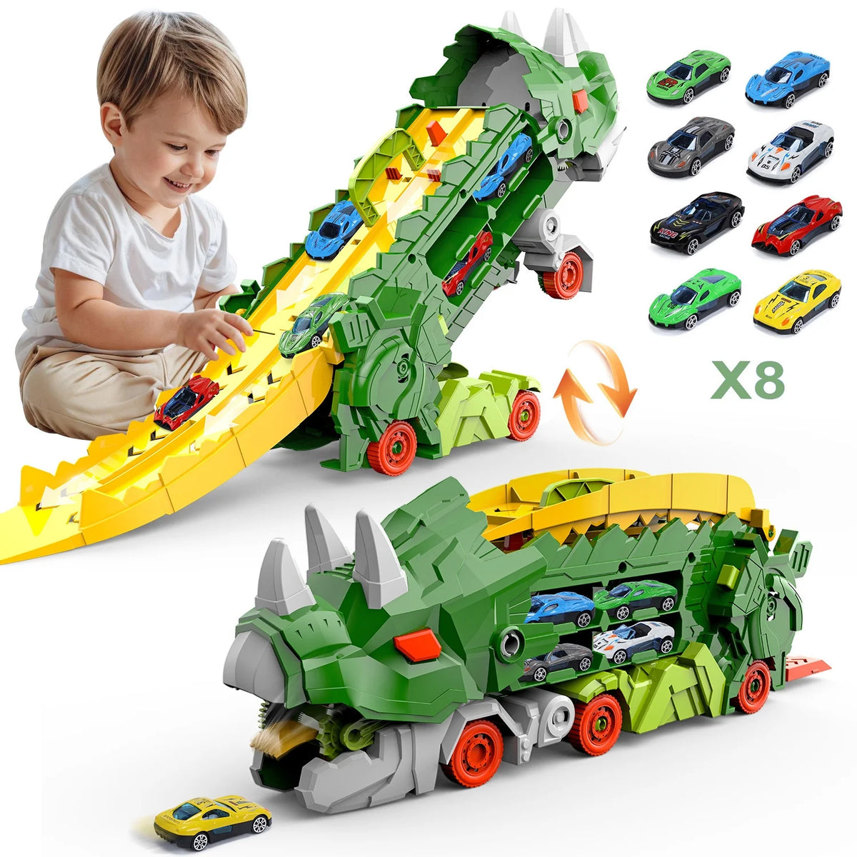 JoyStone Dinosaur Transport Truck Toy with 8 Metal Cars, 3-in-1 Dino Hauler with Sliding Race Tracks, Transforms into Triceratops, Gift for Kids Ages 3-7, Green