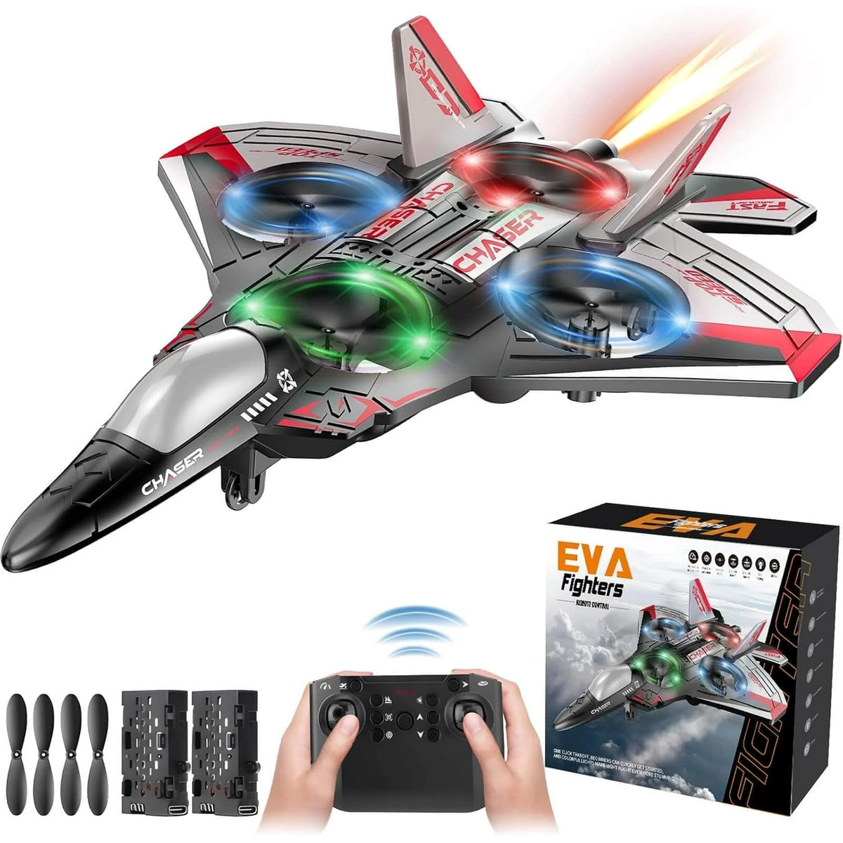 JoyStone Jet Fighter Stunt RC Airplane, 2.4 GHz RC Plane Toy with LED Lights & 360 Spin, Easy to Fly RC Glider for Kids Boys Girls Adults, Red