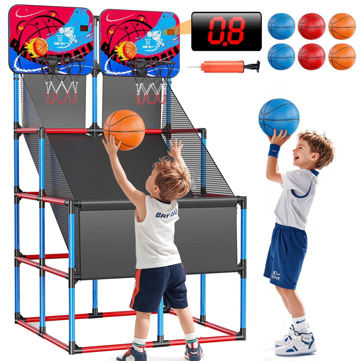 JoyStone Kids Basketball Arcade Game With LED Scoring and Sounds, Dual Shot Basketball Game for 2 Players with 6 Balls, Indoor Outdoor Basketball Toy Set for Toddlers