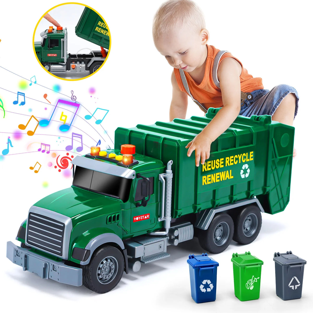 JoyStone Kids Garbage Truck Toy, Friction Powered Recycling Truck with Lights & Sounds, Lift & Rotating Trash Bin Function, 3 Trash Bins, Interactive Toy for 3-8 Years Old