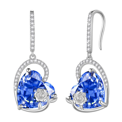 Juwaliy 925 Sterling Silver Earrings Women Heart December Birthstone Hook Dangle Earring Tanzanite Blue Rose Flower Jewelry Mother Birthday Christmas Gift