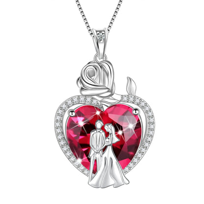Juwaliy Couple Heart Necklace 15MM July Birthstone 925 Sterling Silver Rose Flower Jewelry Women Pendant Red Ruby Valentine's Day Gift for Wife Girlfriend Lover