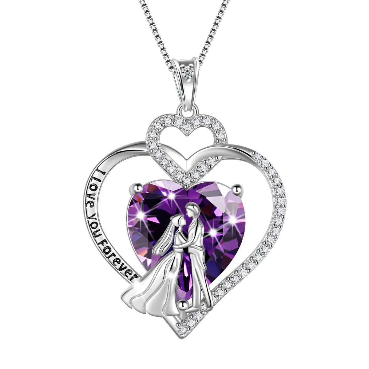 Juwaliy Couple Necklace Heart February Birthstone 925 Sterling Silver Pendant Purple Amethyst Women Jewelry Valentine's Day Gift for Wife Girlfriend