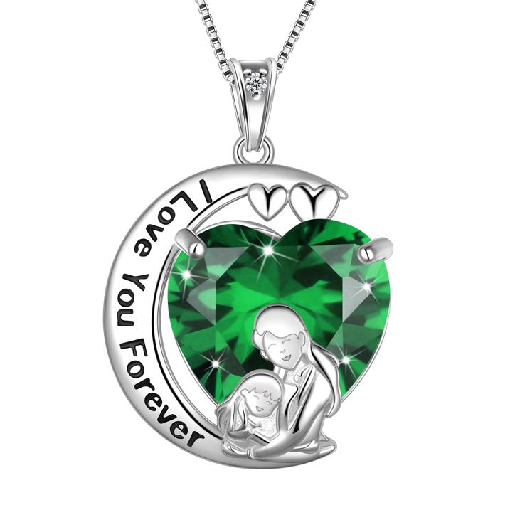 Juwaliy Moon Heart Mother Daughter Necklace 925 Sterling Silver Green Emerald May Birthstone Pendant Jewelry Women Mom Birthday Mother's Day Gift