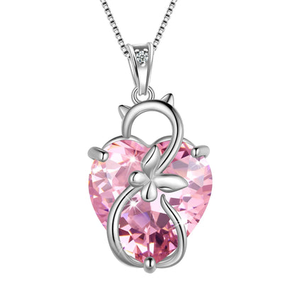 Juwaliy 15MM Women Cat Necklace Heart October Birthstone 925 Sterling Silver Pendant Pink Tourmaline Butterfly Jewelry Mother Gift