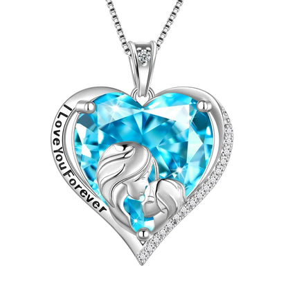 Juwaliy Women Heart Necklace for Mother Daughter 925 Sterling Silver Blue Aquamarine Birthstone Pendant Jewelry Mom March Birthday Mother's Day Gift