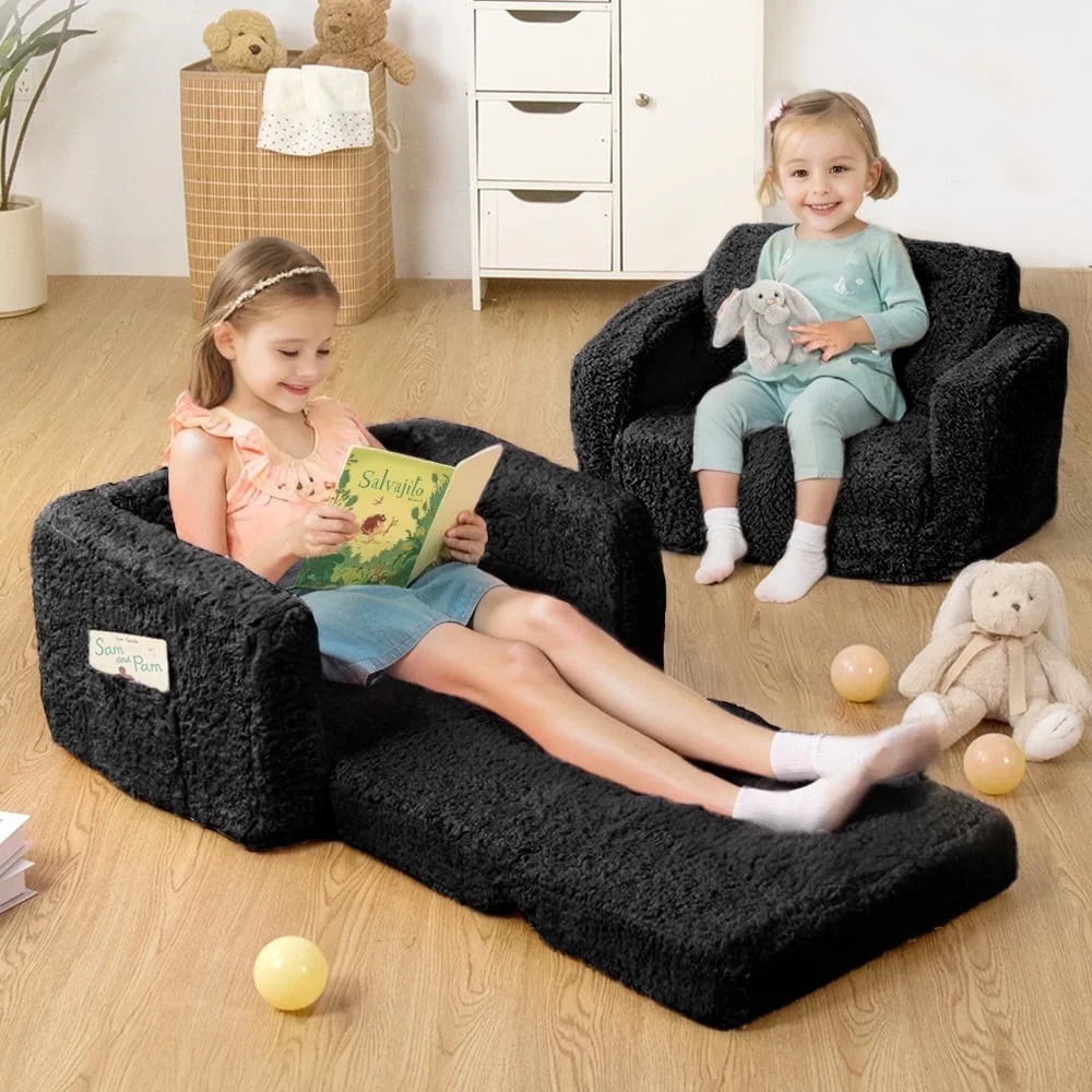 Kids Couch, 2 In 1 Foldable Toddler Couch ,Convertible Baby Sofa Chair for Boys and Girls, Black