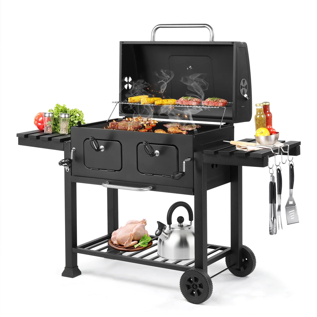 Ktaxon BBQ Grill Outdoor Charcoal Grill Smoker Large-sized Barbecue Grill with 2 Charcoal Doors for Patio,Backyard,Garden