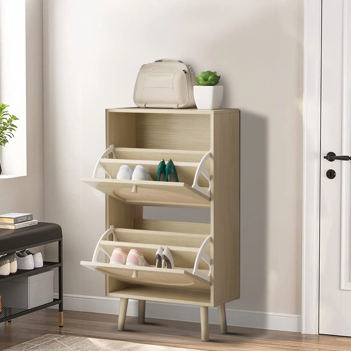 Ktaxon Shoe Storage Cabinet with 2 Flip Drawers, Natural Rattan Entryway Shoe Organizer Rack Wooden for Entryway Hallway, Bedroom, Living Room, Apartment