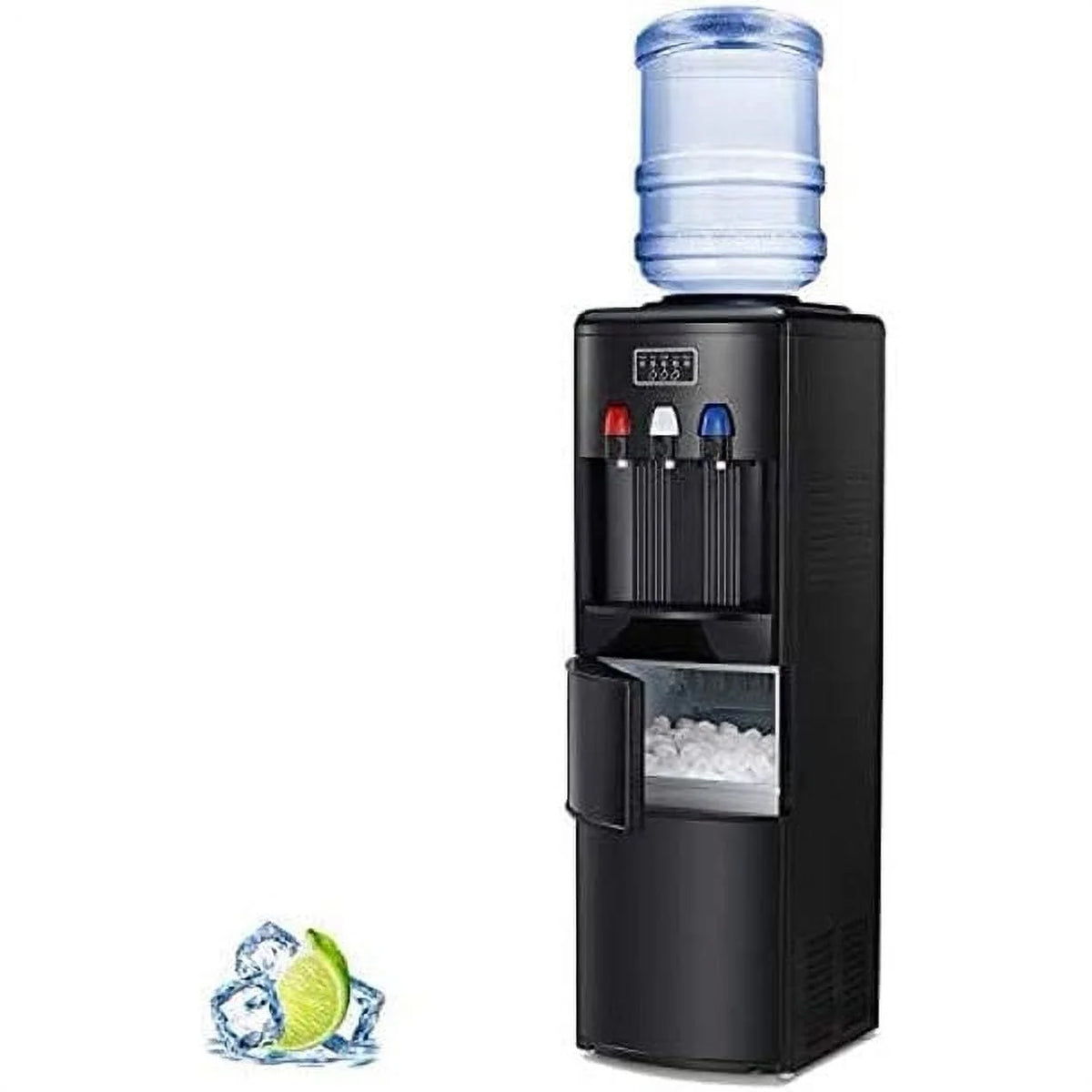 LHRIVER Water Dispenser with Ice Maker, 3-in-1 Water Dispenser for 5 Gallon Bottle, Water Cooler Dispenser Built-in Ice Maker with 3 Temperature Settings, Easy Cleaning, Child Lock-BLACK