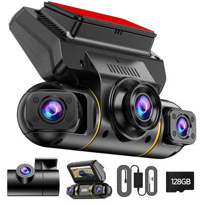 LAMTTO 4 Channel Dash Cam Front and Rear Inside with Hardwire Kit for 24h Security Parking Monitor, 1080p FHD 360 Degree View Dash Camera, IR Night Vision Dashcam, G-Sensor, Free 128GB Card