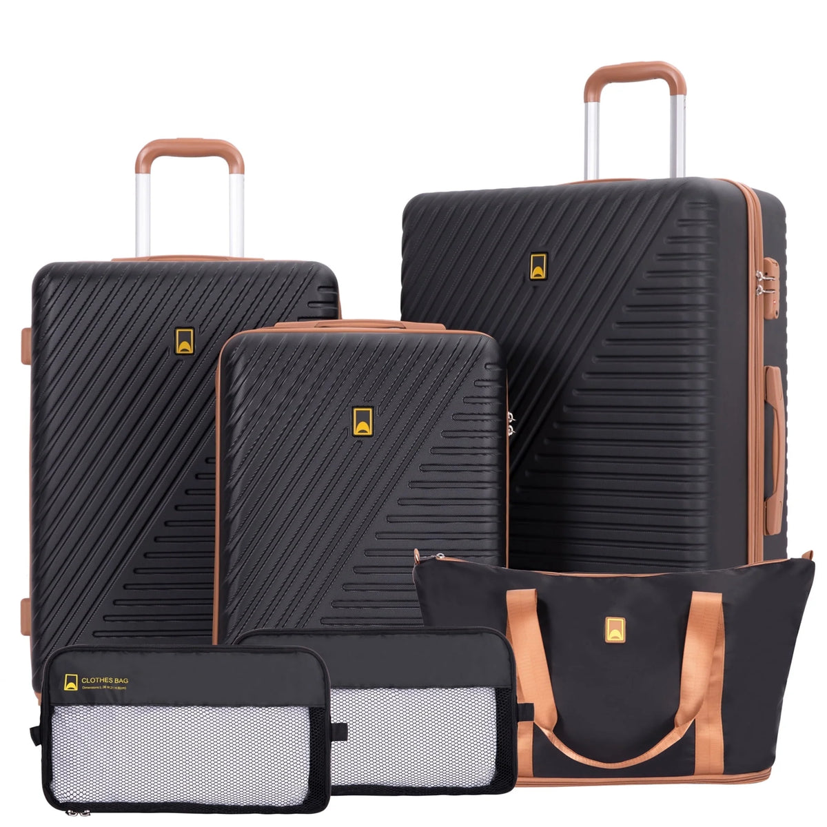 Landisun Luggage Sets 6 Piece Hardshell ABS Suitcase Set with TSA Lock, Travel Luggage with Portable Bag, Black