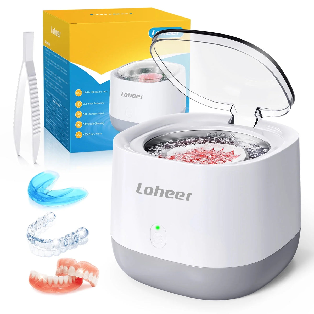 Loheer Ultrasonic Retainer Cleaner 45kHz, 250ML Retainer Cleaner Machine for Denture, Mouth Guard, Aligner