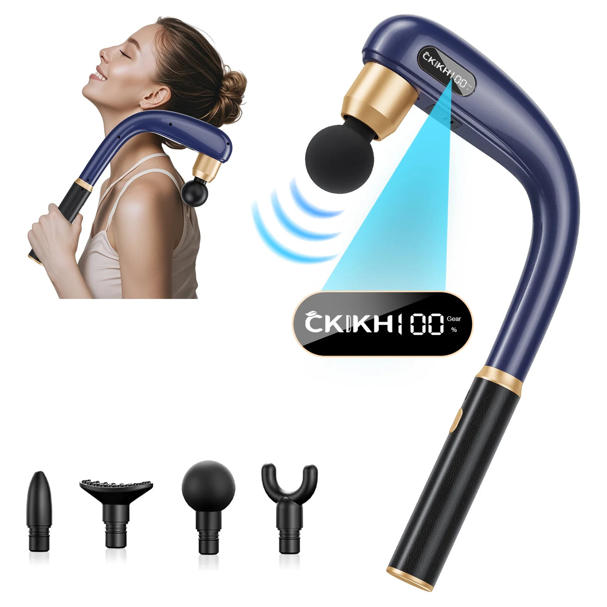 Massage Gun Deep Tissue with Extended Handle, 12MM Handheld Electric Back Muscle Massager for Pain Relief, Quiet Percussion Massage Gun with LED Screen & 4 Massage Heads, 3 Modes & 5 Speed Levels