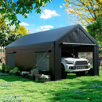 NETAJE 12'x20' Heavy Duty Portable Outdoor Garage Carport with Side-Opening Door, Roll-up Windows, Four-Hole Base for Car, Black