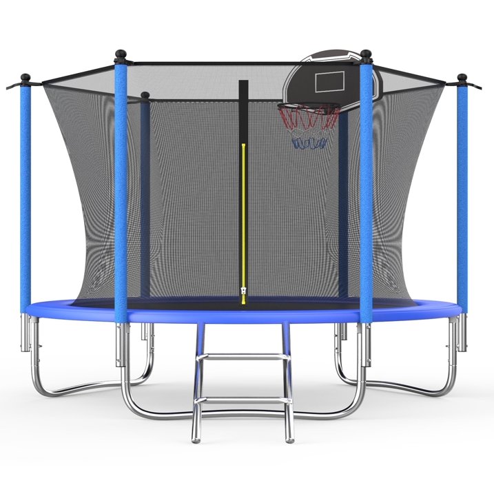 Ovatoys 800LBS 8FT Trampoline for 3 4 Kids ,Trampoline with Safety Enclosure Net,Basketball Hoop and Ladder, Easy Assembly Round Outdoor Recreational Trampoline,Age (3-10)