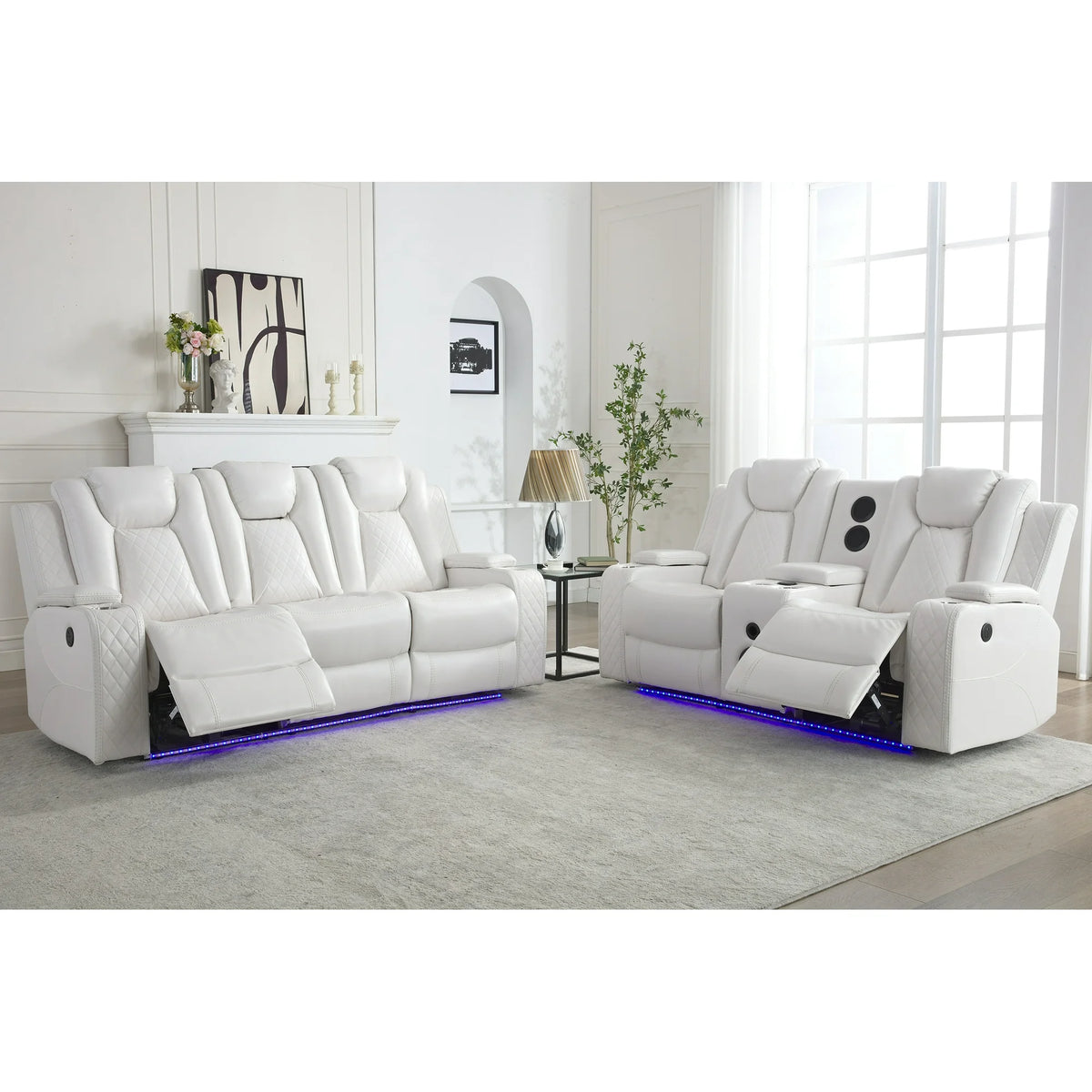 Othniel 2PCS Power Recliner Sofa Sets with Bass Speaker,Wireless Charger LED Light,USB Port,White