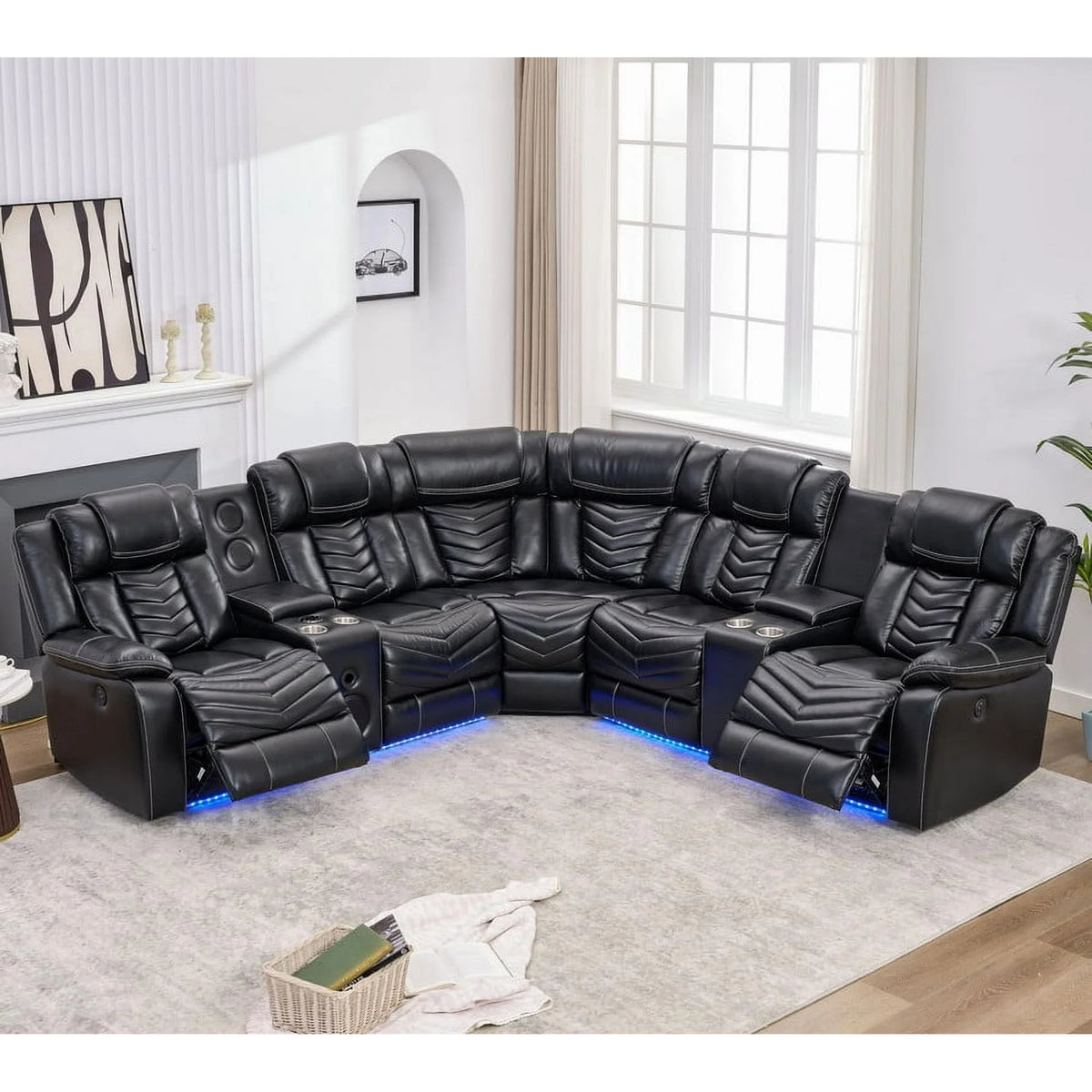 Othniel Power Reclining Sectional Couch with Bass Speaker Ambient Light USB Port,Cup Holder Black