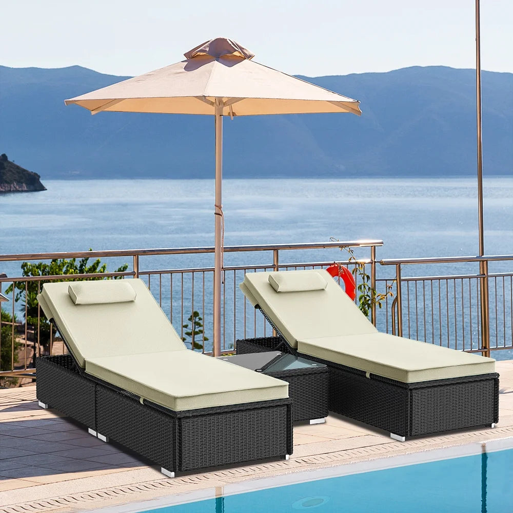 Outdoor Chaise Lounge with Cushions, Seizeen Patio Lounge Chairs Set of 2, All-Weather Rattan Sun Lounger 6 Angles Adjustable, Pool Chair Set with Coffee for Deck Porch Backyard, Beige