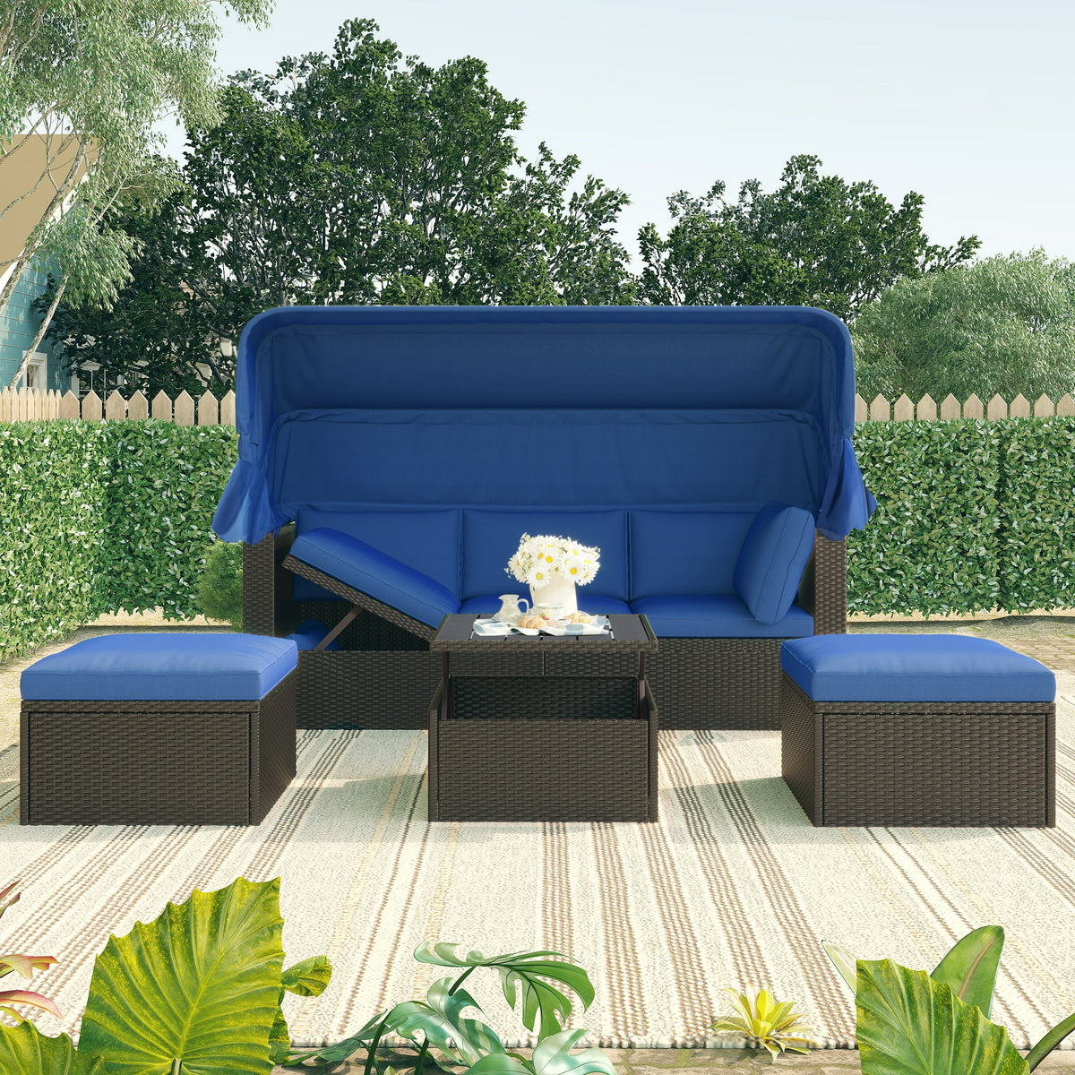 PE Rattan Patio Daybed, Outdoor Daybed Patio Bed Furniture, Patio Sofa Set with Retractable Canopy, Cushions and Lifting Table, Patio Bed Furniture for Patio, Poolside, Garden, Yard