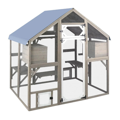 PETSCOSSET Cat Catio Outdoor Enclosure Outside Patio Large Catio House for Indoor 2-3 Cats Weatherproof Wooden Walk in Kitty Cage,Versatile Use for House's Window,Pet Doors, Tunnel